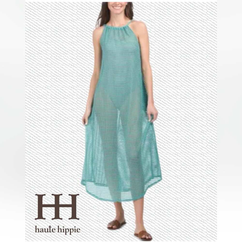 NWT: Haute Hippie Aqua Crochet Maxi Dress/Beach Cover-up Rope Straps Size Small